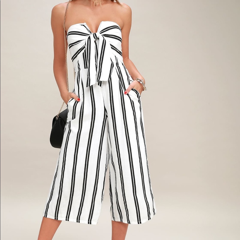 Lulu's Black and White Strapless Midi Jumpsuit